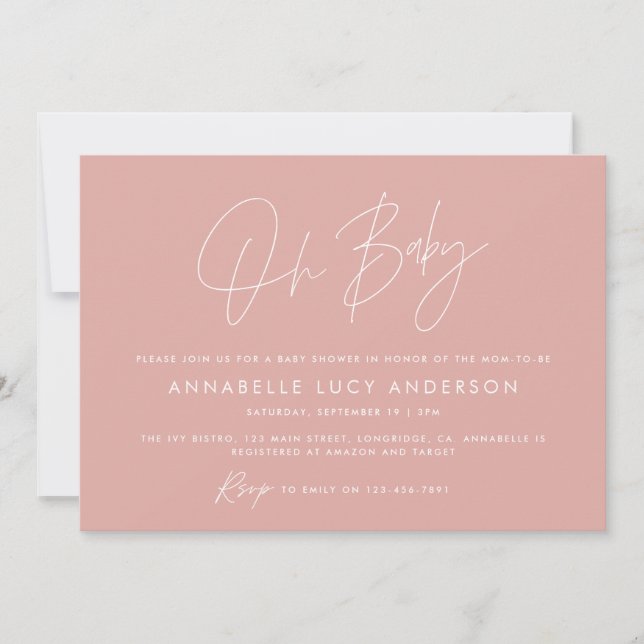 Baby shower script modern elegant photo rose pink invitation (Front)