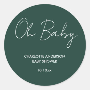 Baby shower script modern emerald green elegant classic round sticker