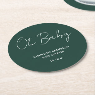 Baby shower script modern emerald green elegant round paper coaster