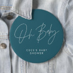 Baby shower script modern minimal teal blue 6 cm round badge<br><div class="desc">Baby shower script modern bright teal blue and white elegant party decor attire button design. Ideal contemporary minimal baby shower party design.</div>