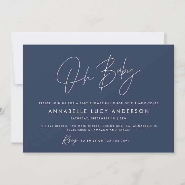 Baby shower script modern navy blue boho photo invitation (Front)