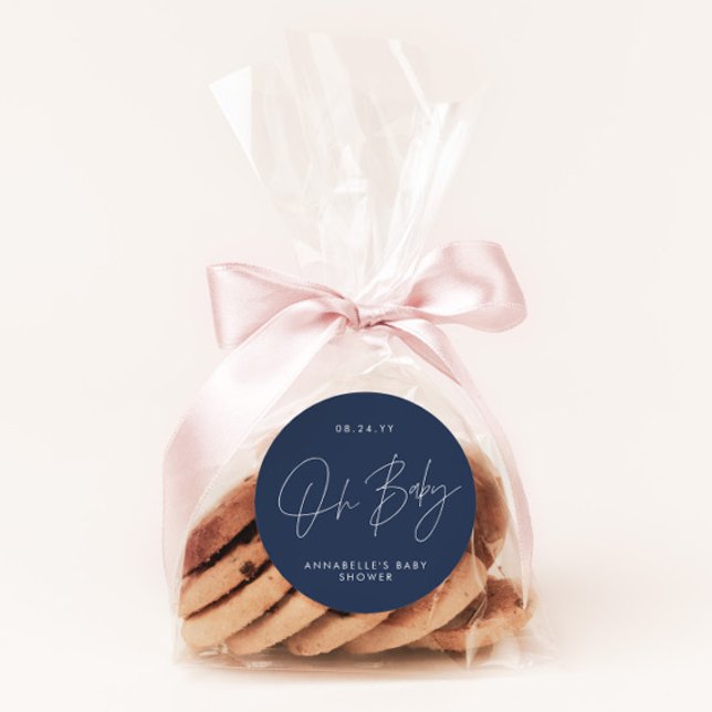 Baby shower script modern navy blue elegant classic round sticker (Creator Uploaded)