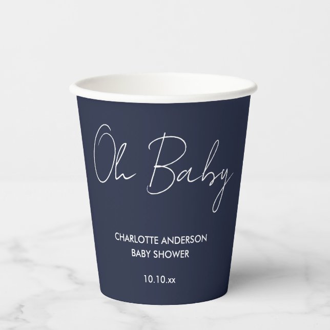 Baby shower script modern navy blue elegant paper cups (Front)