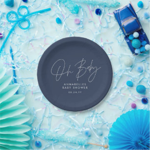 Baby shower script modern navy blue elegant paper plate