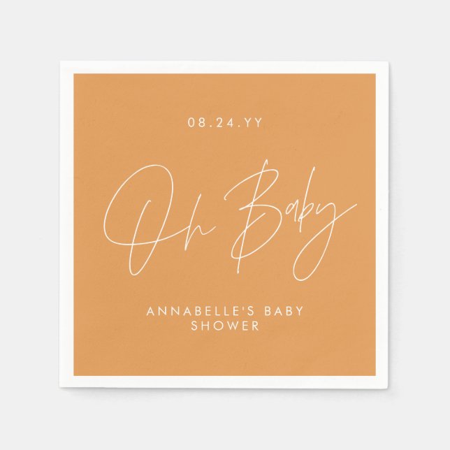 Baby shower script modern orange elegant napkin (Front)