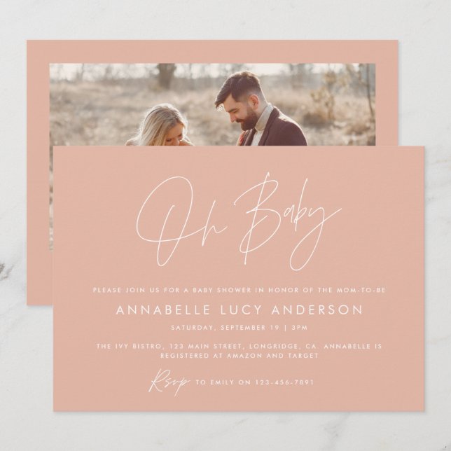 Baby shower script modern photo blush pink elegant invitation (Front/Back)