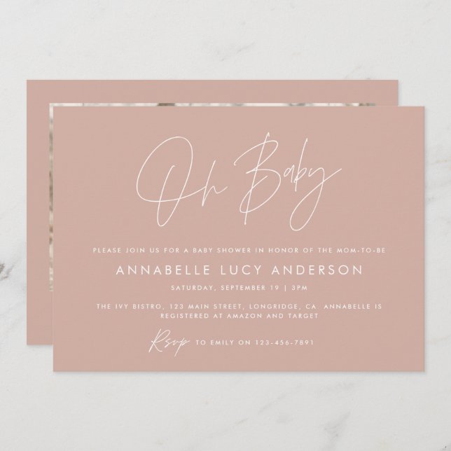 Baby shower script modern photo pink terracotta invitation (Front/Back)