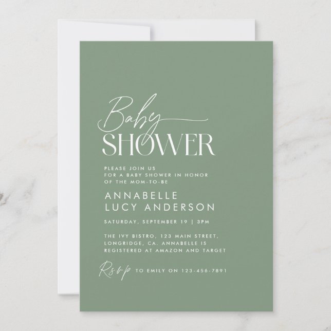 Baby shower script modern sage green elegant invit invitation (Front)