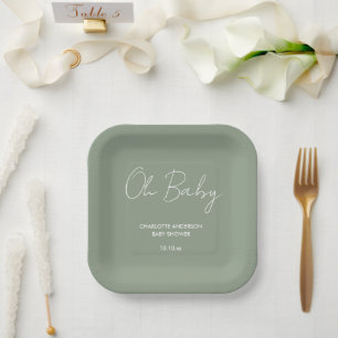 Baby shower script modern sage green elegant paper plate