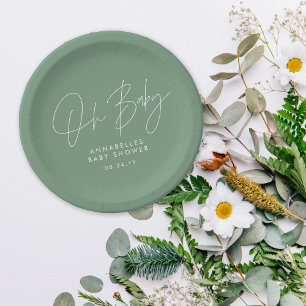 Baby shower script modern sage green elegant  paper plate
