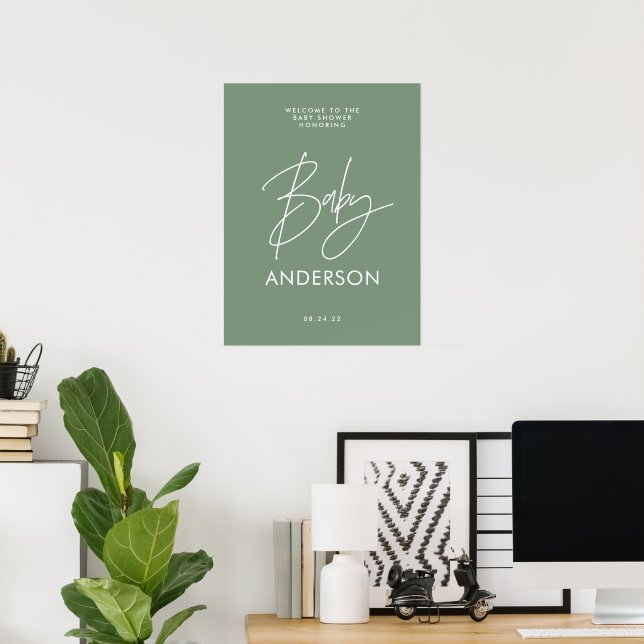 Baby shower script modern sage green elegant poster (Home Office)