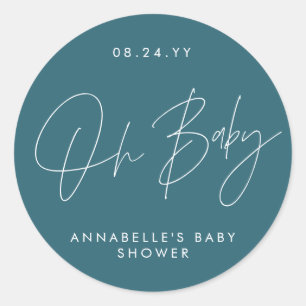 Baby shower script modern teal blue elegant classic round sticker