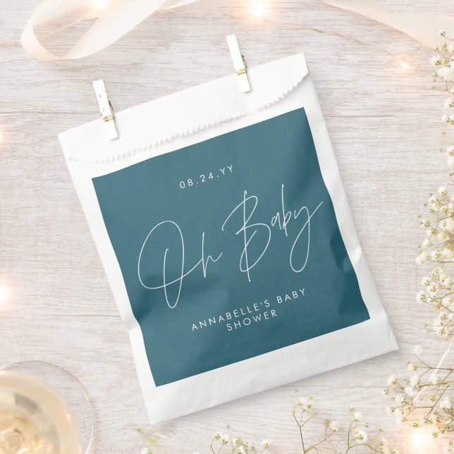Baby shower script modern teal blue favour bag (Clipped)
