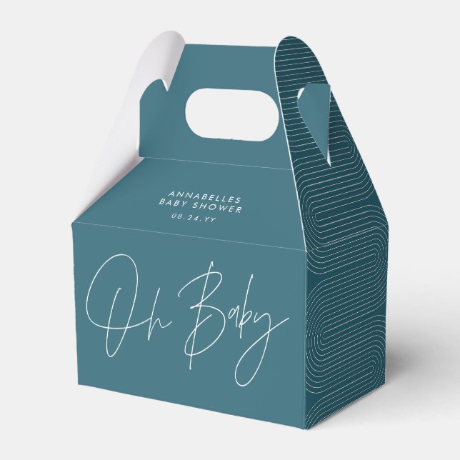Baby shower script modern teal blue geometric favour box (Front Side)