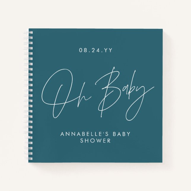 Baby shower script modern teal blue guest notebook (Front)