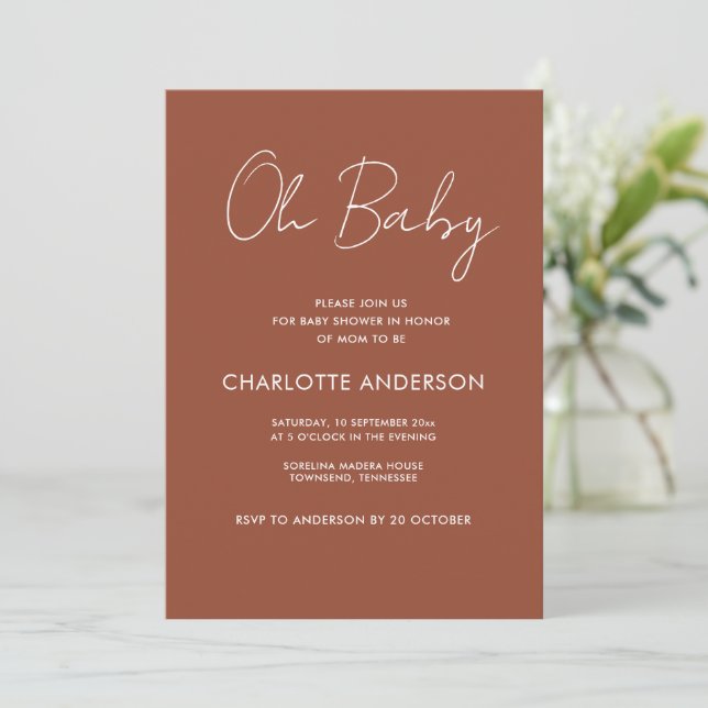 Baby shower script modern terracotta brown elegant invitation (Standing Front)