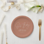 Baby shower script modern terracotta elegant paper plate<br><div class="desc">Baby shower script modern natural earthy terracotta elegant party invitation design. Ideal gender neutral design.</div>