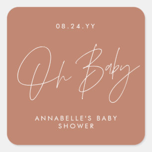 Baby shower script modern terracotta elegant square sticker
