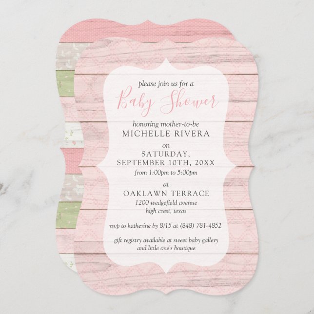 Baby Shower Shabby Pink & Sage Green Rustic Wood I Invitation (Front/Back)