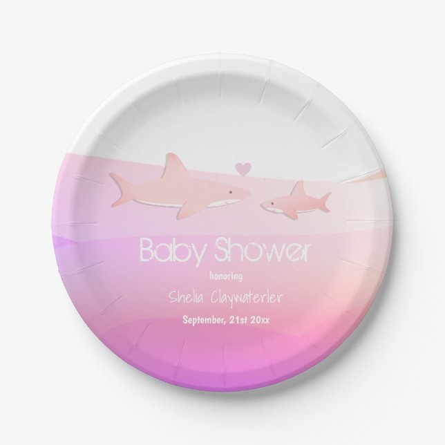 Baby Shower Shark Pink Ocean Cute Under Sea Animal Paper Plate (Front)