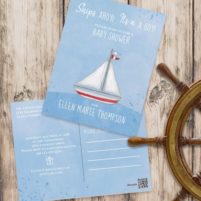 Baby Shower Ship Ahoy It's a Boy Gift Registry Postcard (Creator Uploaded)
