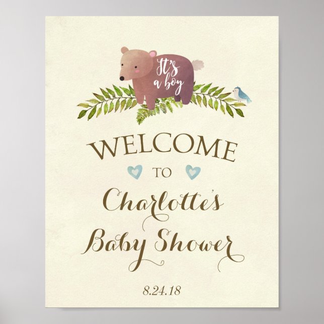 baby shower sign blue it's a boy woodland bear (Front)