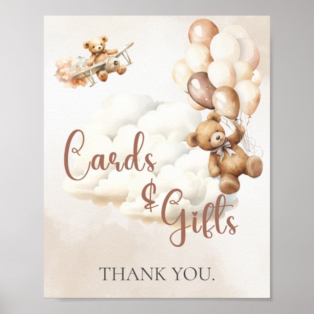 Baby Shower Sign CARDS AND GIFTS Bear Balloons (Front)