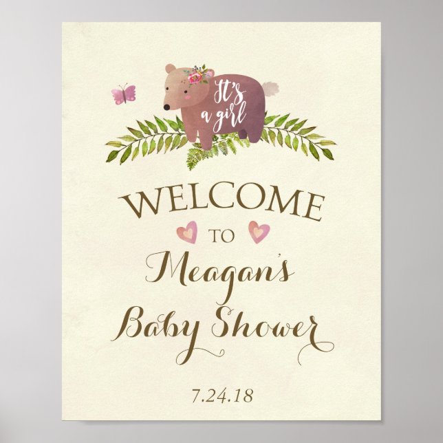 baby shower sign pink it's a girl woodland bear (Front)