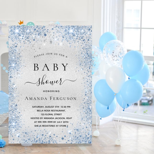 Baby shower silver blue boy name invitation (Creator Uploaded)