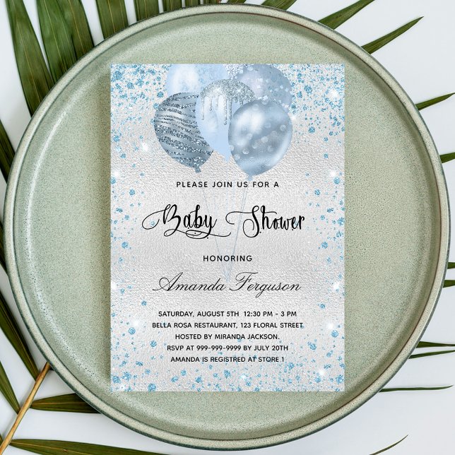 Baby shower silver blue glitter dust balloons invitation (Creator Uploaded)