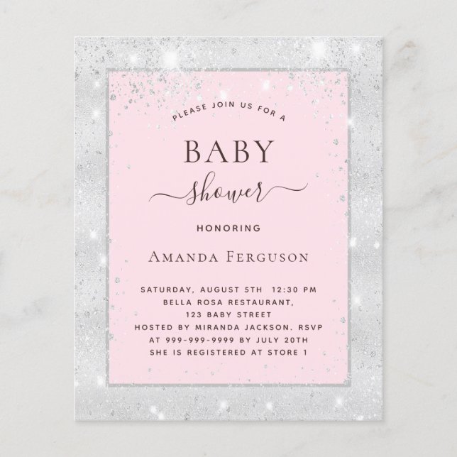 Baby shower silver blush pink girl invitation (Front)