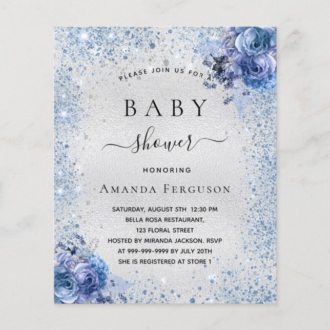 Baby shower silver floral blue budget invitation flyer (Front)
