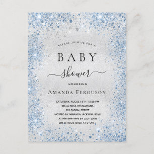 Baby shower silver glitter dust blue boy name invitation postcard