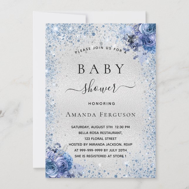 Baby shower silver glitter florals blue boy invitation (Front)
