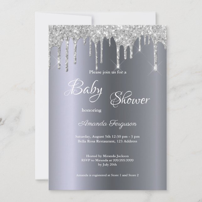 Baby Shower silver metallic glitter drip boy Invitation (Front)