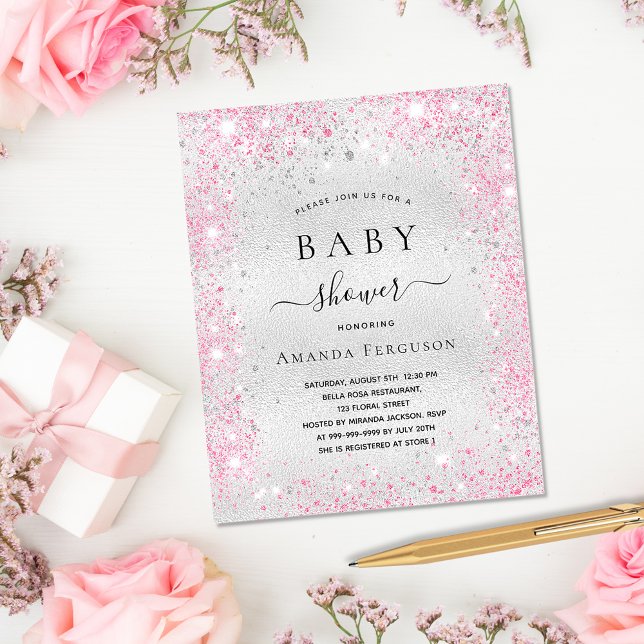 Baby shower silver pink girl budget invitation flyer (Creator Uploaded)