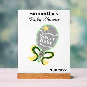 Baby Shower Silver Yellow Green Rattle Acrylic Sign