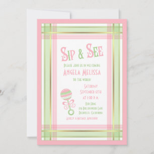 Baby Shower Sip & See   Pink Green Plaid Rattle Invitation