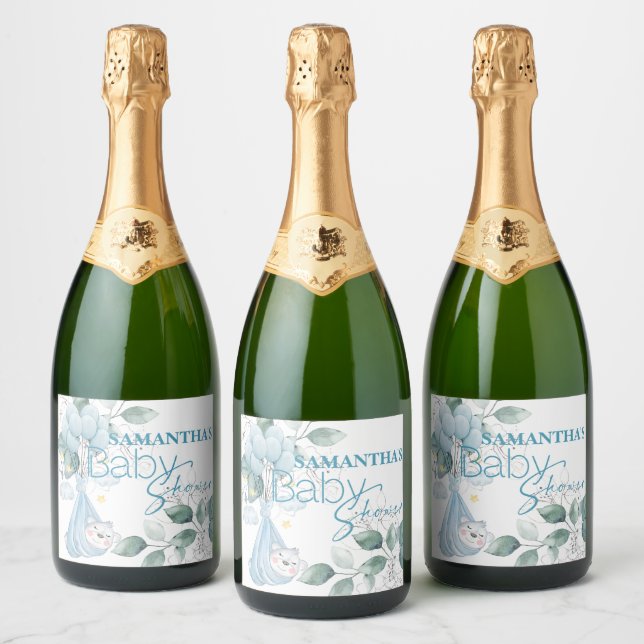 Baby Shower. Sleeping Baby Bear Blue.  Sparkling Wine Label (Bottles)