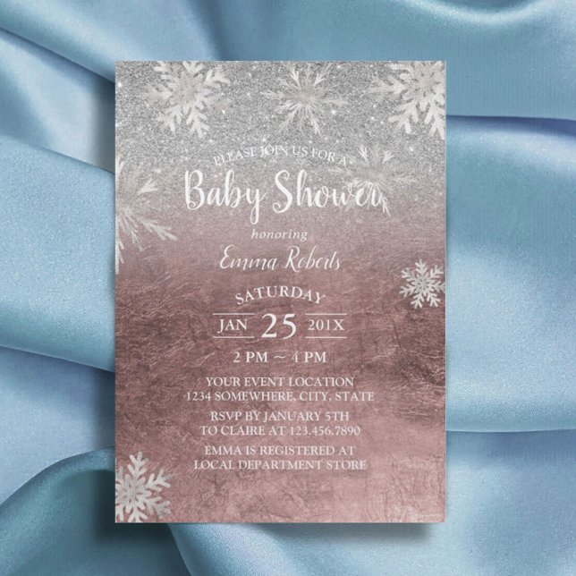 Baby Shower Snowflakes Modern Rose Gold & Silver Invitation (Creator Uploaded)