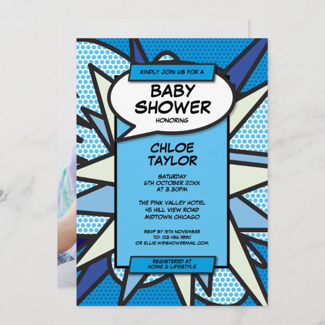Baby Shower Sprinkle Modern Blue Baby Boy Photo Invitation (Front/Back)