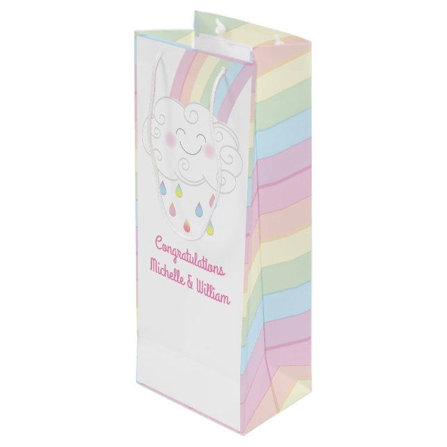  Baby Shower Sprinkle Rainbow Raindrop Cloud Wine Gift Bag (Back Angled)