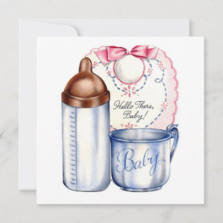 Baby Shower square invitation bib, bottle and cup