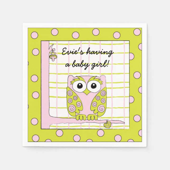 Baby Shower Standard Cocktail Napkin Pink Owl (Front)