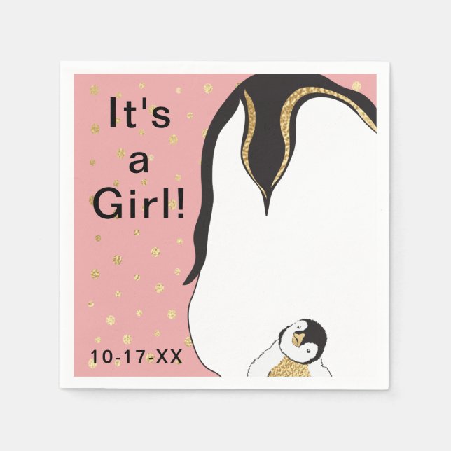 Baby Shower Standard Napkin "Gold/Pink Penguin" (Front)