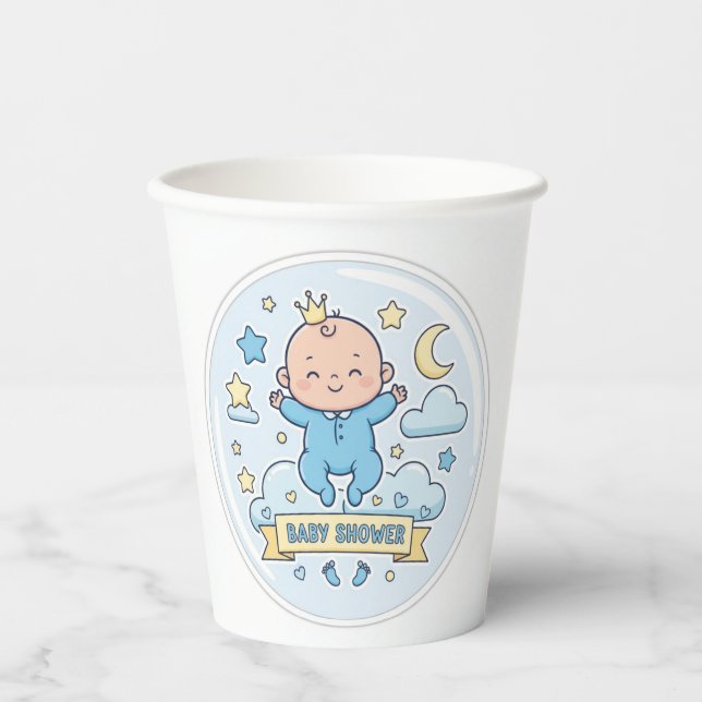 Baby shower sticker for boy paper cups (Front)