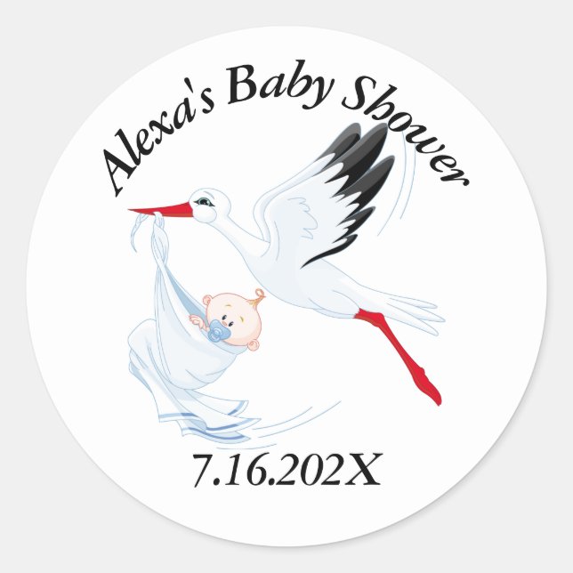 Baby Shower Stork On White Classic Round Sticker (Front)