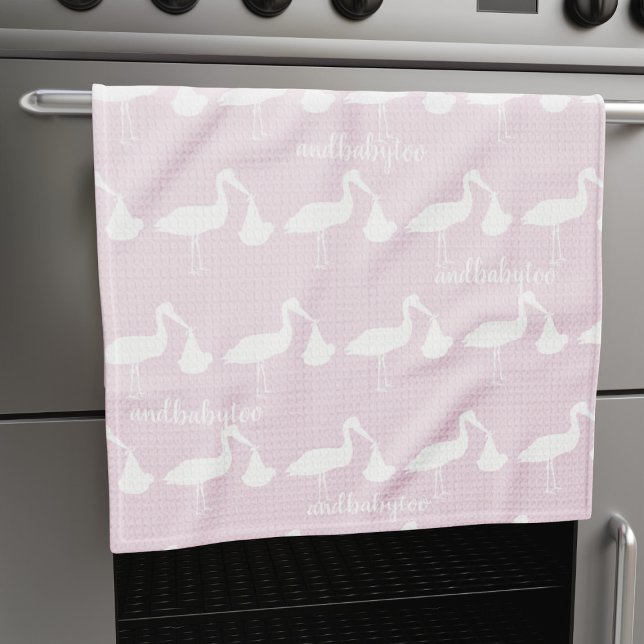 Baby Shower Stork Pattern Pink Kitchen Towel (Baby Shower Stork Pattern Pink Kitchen Towel  with space for your name)