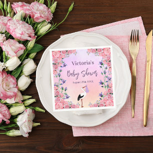 Baby shower stork pink purple flowers girl napkin