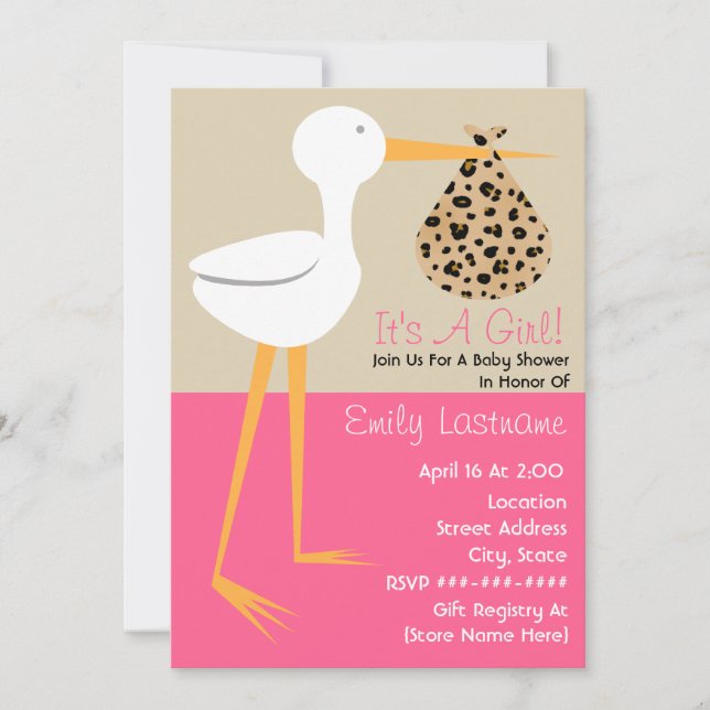 Baby Shower - Stork With Leopard Print Bundle Invitation (Front)